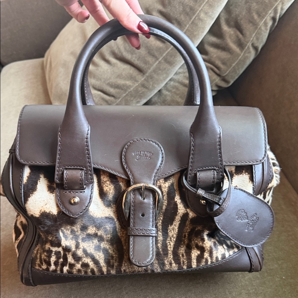 Authentic Gucci Brown and Animal Print Leather Handbag